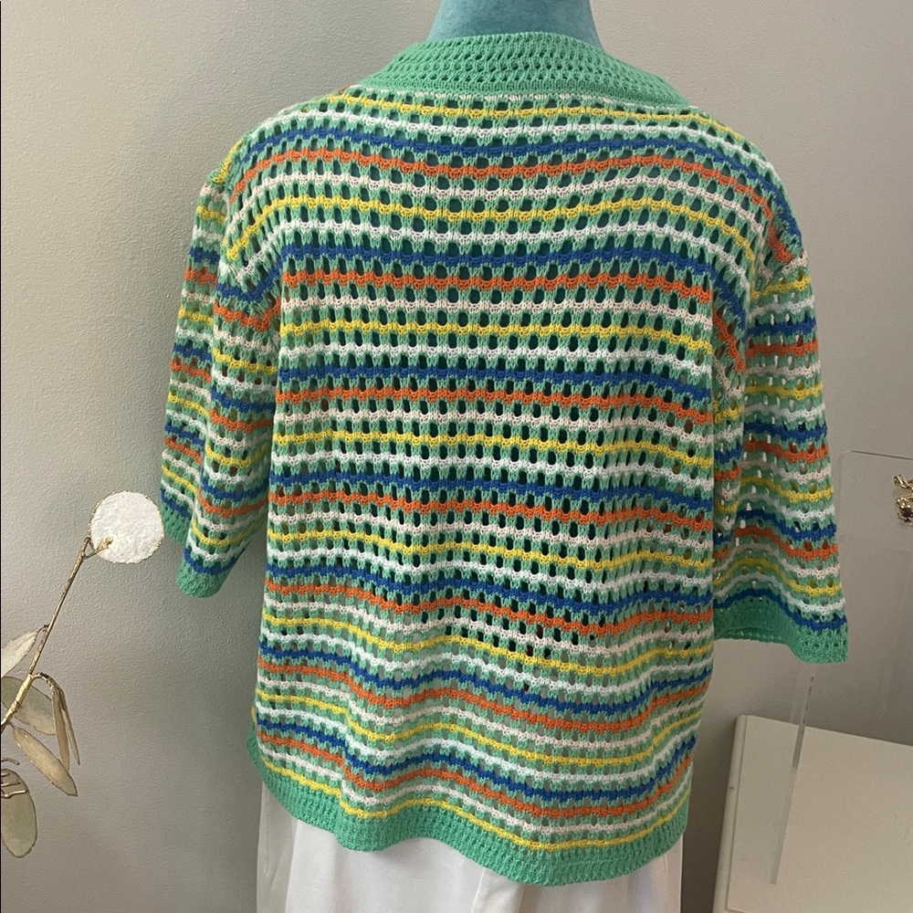 Striped Green Pastel Short-Sleeve Crochet Knit Sweater - Picture 5 of 9
